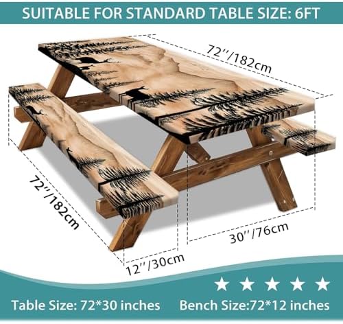 Picnic Table Cover with Bench Covers Camping Essentials Rustic Hunting Deer Forest Waterproof Windproof Camping Tablecloth Fitted Tablecloth Cover with Elastic Edge for Indoor Outdoor 3 PCS 30x72 Inch - Image 3