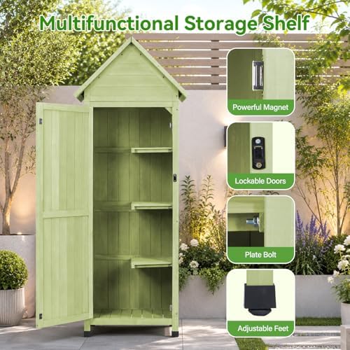 Narrow Outdoor Storage Cabinet, 67" Wooden Vertical Garden Tools Shed, Patio Storage Organizer with Latch & Waterproof Roof for Yard Deck Lawn Farmland Equipment(Green) - Image 3