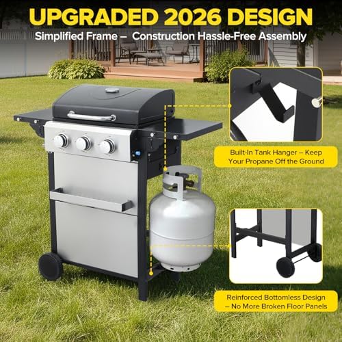 3 Burner Propane Gas Grill, 30,000 BTU Stainless Steel Outdoor BBQ Grill with 322 Sq. In. Cooking Area & 2 Foldable Side Shelves, Patio Cookout Essentials for Backyard - Image 7