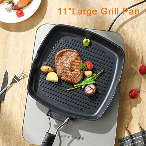 S·KITCHN Grill Pan with Folding Handle, Nonstick Grilling Pan for Stove Tops, Induction Compatible Square BBQ Pan with Pour Spouts - 11 in - Image 2