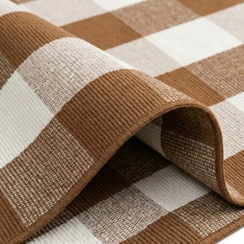 SEEKSEE Fall Decor Buffalo Plaid Outdoor Rug 3' x 5' Coffee and White Front Door Mat, Layering Rug for Porch, Fall Doormat, Front Porch Rug for Outdoor Entrance Entryway Patio Porch Decor - Image 6