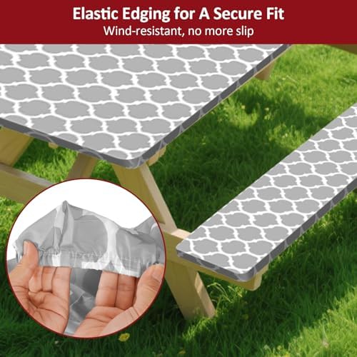 8ft 96in Picnic Table and Bench Cover, 3 Pack, Gray-White Moroccan - Image 4