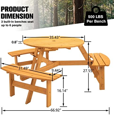 6-Person Circular Outdoor Wooden Picnic Table for Patio, Backyard, Garden, DIY w/ 3 Built-in Benches, 1720lb Capacity - Natural - Image 2