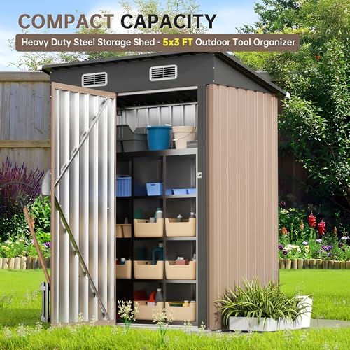 Lockable Metal Garden Shed, Outdoor Metal Storage Sheds Multi-Used, Vertical Outdoor Steel Storage Sheds, Compact Metal Tool Shed with Sloping Roof (Brown) - Image 4