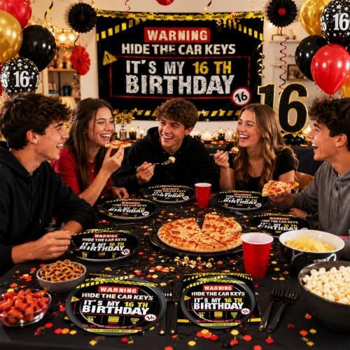 96 PCS Caution Logos 16th Birthday Party Paper Plates and Napkins 16 Years Old Party Decor Warning Sign Themed Teens 16th Dinnerware for Boys Girls 16 Years Old Birthday Gatherings Decorations - Image 5