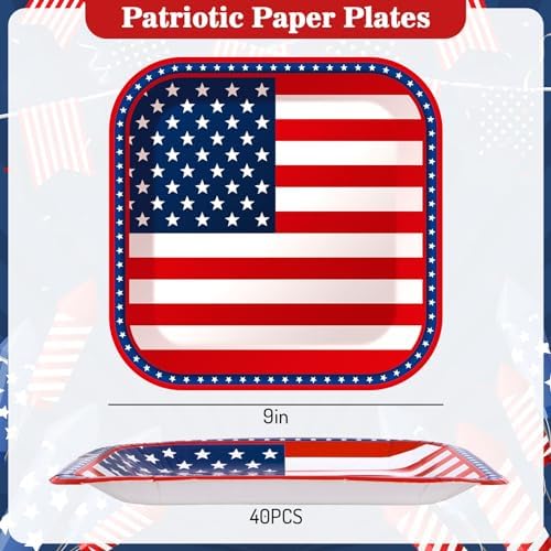 Whaline 40 Pcs 9 Inch Patriotic Paper Plates American Flag Square Disposable Plates 4th of July Party Tableware Dinnerware for 250th Anniversary Independence Day Birthday Party Supplies Table Decor - Image 2