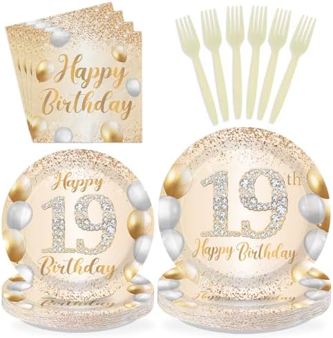 96Pcs White and Gold 19th Birthday Party Decorations,Serves 24 by Greencian