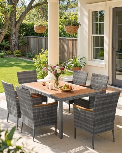Flamaker Patio Dining Set for 6 Outdoor Acacia Wood Table and Chairs, Gray - Image 2