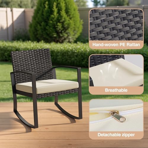 Qsun 3 Pieces Porch Furniture Set Patio Rocking Bistro Set Outdoor Patio Chairs Rattan Conversation Sets with Coffee Table for Front Porch Garden Balcony Backyard Poolside (Beige Cushion) - Image 4