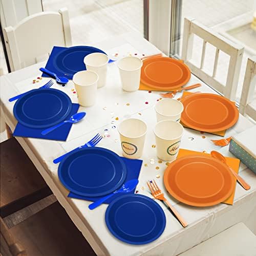 Wiooffen 96 Pcs Orange and Blue Birthday Party Plates Napkins Dart War Party Supplies Tableware Disposable Orange Blue Paper Dinnerware Decoration for Baby Shower Birthday Party, 24 Guests - Image 6