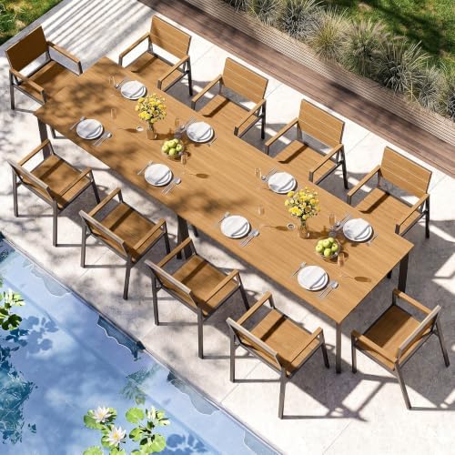 Outdoor Dining Set for 10, Aluminum Patio HDPS Outdooor Table and Chairs Set with Umbrella Hole, All Weather Patio Furniture Set, 12 Peice Patio Dining Table Set (Gray & Teak) by ComfCove
