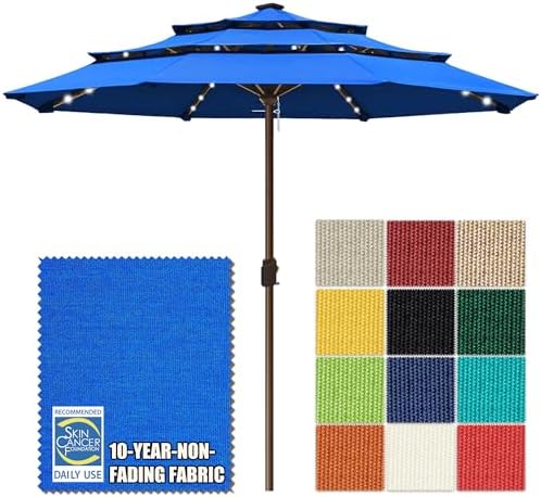 EliteShade USA 10-Year-Non-Fading 10ft 3-Tier Market Patio Umbrella, Commercial Table Umbrella with 80 Solar LED Lights, Crank Open, Windproof & UPF 50+ UV Protection for Garden, Deck, Pool, Backyard, No Tilt, Royal Blue by EliteShade