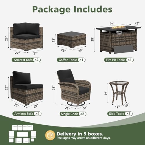Aoxun 11 Piece Outdoor Patio Furniture Set with 44'' Fire Pit Table, Wicker Rattan Outdoor Furniture with High Back Swivel Rocker Chairs, Outdoor Sofa Set with Thick Cushion & Side Table, Black - Image 2