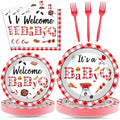 96PCS BabyQ Party Paper Plates and Napkins BBQ Themed Baby Shower Party Decoration Barbecue Tableware Set Disposable BBQ Supplies for Gender Reveal Summer Picnic BabyQ Birthday Gatherings Decorations by Oitnlaughter