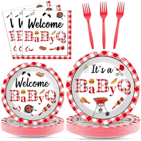 96PCS BabyQ Party Paper Plates and Napkins BBQ Themed Baby Shower Party Decoration Barbecue Tableware Set Disposable BBQ Supplies for Gender Reveal Summer Picnic BabyQ Birthday Gatherings Decorations by Oitnlaughter
