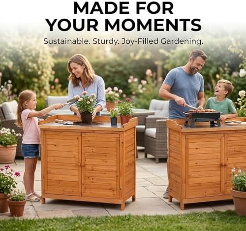 GDLF Outdoor Storage Cabinet with Work Bench, Garden Potting Table, Natural - Image 4