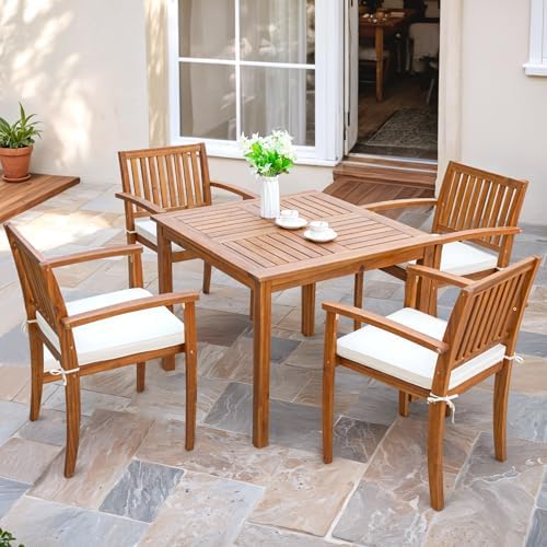 Flamaker 5 Pieces Outdoor Dining Set Acacia Wood Outdoor Table and Chairs by Flamaker