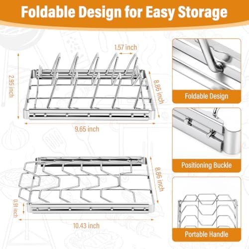 3 Pcs Grill Racks Set - 14-Slot Foldable Chicken Leg & Wing Rack, Rib Rack for Smoking, Beer Can Chicken Holder - Grilling Stainless Steel Accessories for Outdoor Smoker, Charcoal Grill, Oven - Image 3
