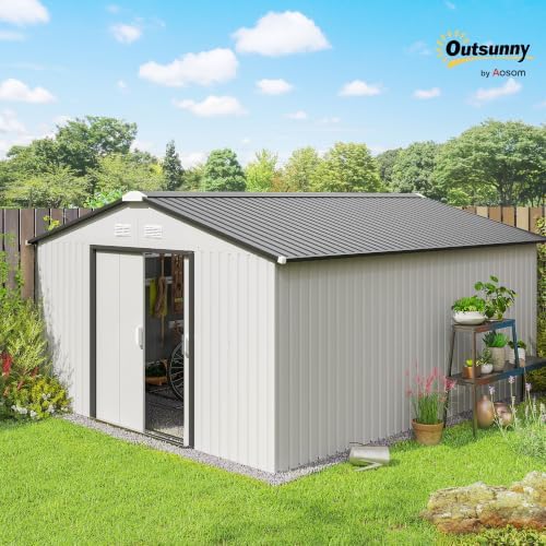Outsunny 11' x 13' Outdoor Storage Shed Garden Tool Metal Shed White - Image 2