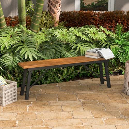 HAPPYGRILL Folding Picnic Table Bench Set, Acacia Wood Dining Table Bench w/Metal Frame, Portable Camping BBQ Table Bench, Rectangular Dining Table for Indoor Outdoor Activities Garden Yard Patio - Image 5