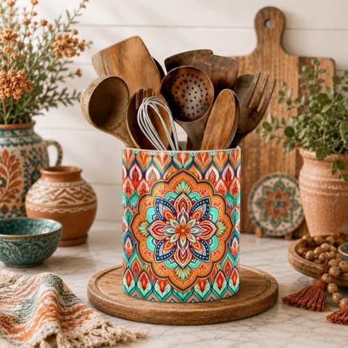 Orange Bohemian Kitchen Utensil Holder, Boho Style Ceramic Utensil Holder For Countertop Organizer, 6.3'' Winter Cooking Utensil Crocks Festivel Decor Utensil Storage Cup for Spatulas, Spoons - Image 4