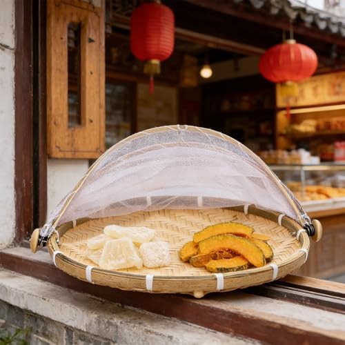 Round Basket Hand Woven Food Serving Basket with Mesh Gauze Cover for Picnics Camping and Home Kitchen Storage 2PCS Set 36x20cm 30x18cm - Image 5