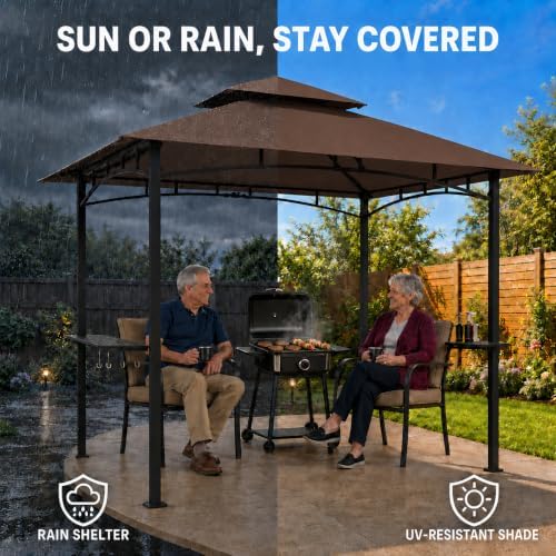 Garvee 8x5 Grill Gazebo, Outdoor BBQ Canopy Shelter with Double Tiered Roof Ventilation - Heavy Duty Patio Canopy Tent Steel Frame for Backyard Garden Lawn Grilling Party Picnic Cooking Events, Brown - Image 5