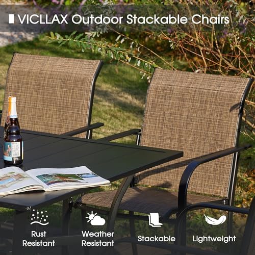 VICLLAX Patio Dining Set for 6, Outdoor Furniture Set Includes 47.2" Round Patio Table and 6 Patio Sling Chairs, Walnut Tabletop and Brown Fabric - Image 3