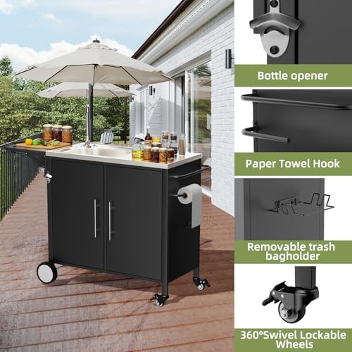 Outdoor Grill Table with Sink, Metal Worktable Kitchen Cabinet Island - Image 3