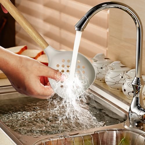 oannao Silicone Cooking Utensils Set - 446°F Heat Resistant Silicone Kitchen Utensils for Cooking,Kitchen Utensil Spatula Set w Wooden Handles, BPA FREE Gadgets for Non-Stick Cookware (Khaki) - Image 6