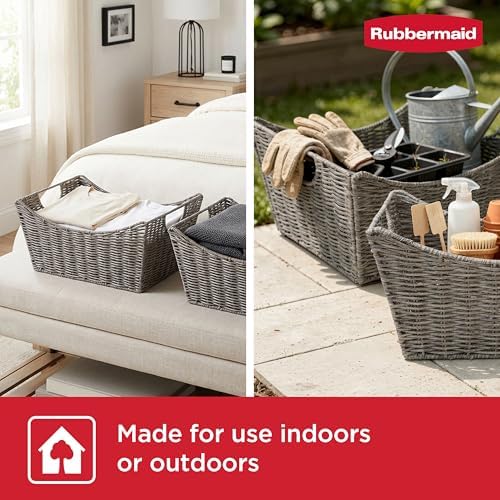 Rubbermaid Woven Storage Baskets – Set of 2 Multipurpose Bins for Indoors or Outdoors, Medium-Size Resin Rattan Organizers with Handles, 15” x 11.25”, Dark Gray - Image 3