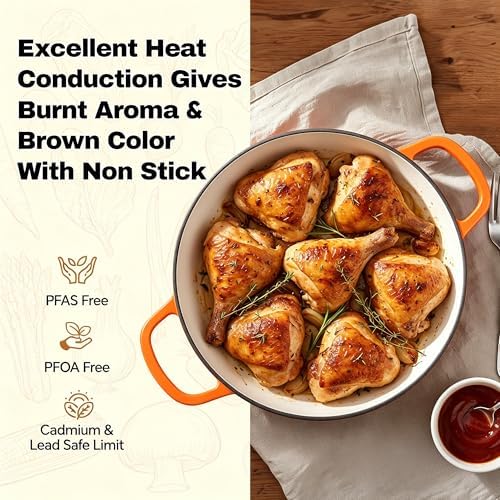 3 Quart Enameled Cast Iron Braiser, Non Stick Enameled Cast Iron Skillet with Lid, Dutch Oven Skillet with lid up to 500°F for Oven, Stove, Grill, Shallow Dutch Oven for Cook, Bake (Orange) - Image 3