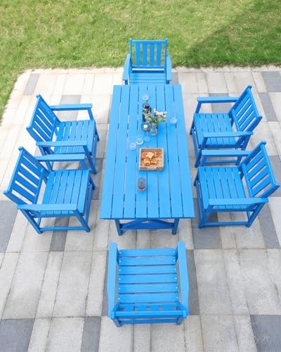 7 Pieces HDPE Outdoor Dining Set, Patio Dining Set with Umbrella Hole, All Weather Outdoor Dining Table Sets for 6, HDPE Patio Furniture Sets for Deck, Backyard, Lawn, and Poolside, Sky Blue - Image 4