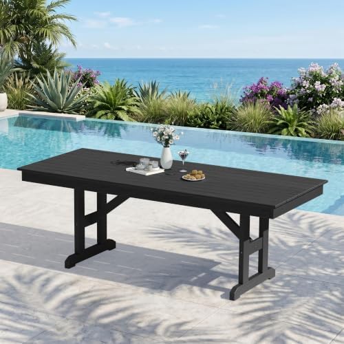 KINGYES Outdoor Dining Table,84'' HDPE Patio Table with Umbrella Hole,Black by KINGYES