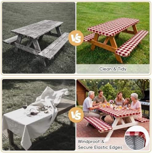 SquarePie 6FT Picnic Table Cover with Bench Covers, Burgundy Checkered - Image 5