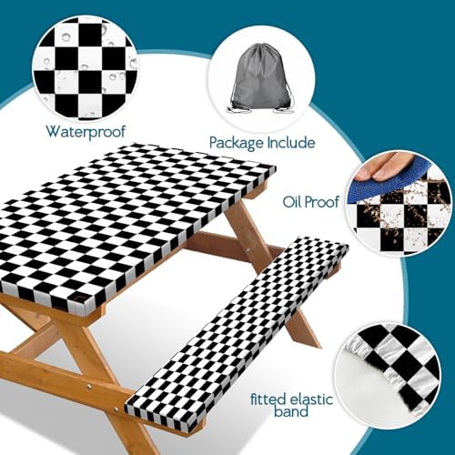 Picnic Table Cover with Bench Covers and Bag, Black and White Checkered Buffalo Plaid Camping Tablecloth Waterproof Windproof Elastic Edges Fitted Gingham Tablecloth for Outdoor Garden 3PCS 30x72 Inch - Image 7