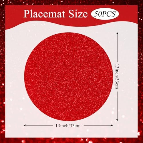 50 PCS Red Paper Placemats Round Place Mat Glitter Disposable Paper Charger Doilies Tablemats for Christmas Valentines Party Birthday Wedding Dinner Table Decor(13x13inch) - Image 2