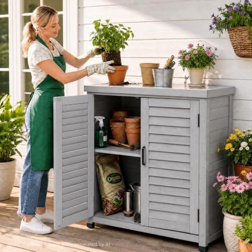Outdoor Storage Cabinet with Metal Tabletop, Cedar Wood Garden Workstation - Image 2