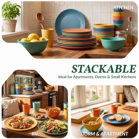 40-Piece Unbreakable Plastic Wheat Straw Dinnerware Set - Multi Color, 8-Person Dish Set for Dinner, Plates, Bowls, Cups & Appetizer Plates - Perfect for Outdoor Camping - Image 5