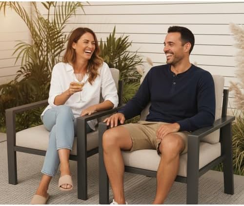 Outdoor Sofa Chair Aluminum Patio Couch Set of 2 All-Weather Patio Sofa Armchair Furniture Set Chairs with Beige Cushions - Image 5