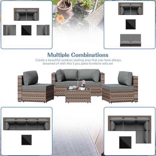 Shintenchi 5 Piece Outdoor Patio Furniture Set with Brown PE Rattan, Gray - Image 2