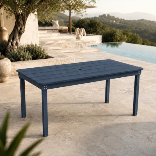 64" Rectangular Outdoor Dining Table, All-Weather HDPE Patio Table for 6-8 Person, Large Composite Wood Furniture with Umbrella Hole for Backyard Deck Garden Poolside, Navy Blue - Image 3