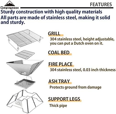 CAMPINGMOON Portable Fire Pit Grill 14 Inch Stainless Steel MT-2 - Image 3