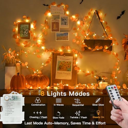 suddus Vine with Fairy Lights Battery Operated, 33ft 100 LED Eucalyptus Leaf String Lights with Remote, Dimmable Fall Garland with Lights for Bedroom Indoor Thanksgiving Christmas Decor (Warm White) - Image 2