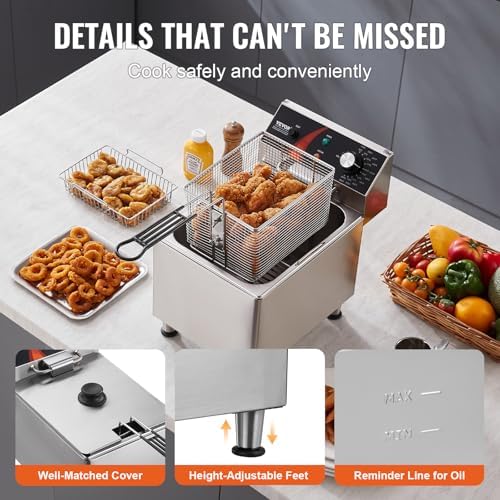 VEVOR Commercial Deep Fryer, 1750W Electric Countertop Fryer with Basket & Height-Adjustable Feet, 12Qt / 11.5L Stainless Steel Single Oil Fryer, Temp Control, Overheat Protection, for Restaurant Use - Image 6