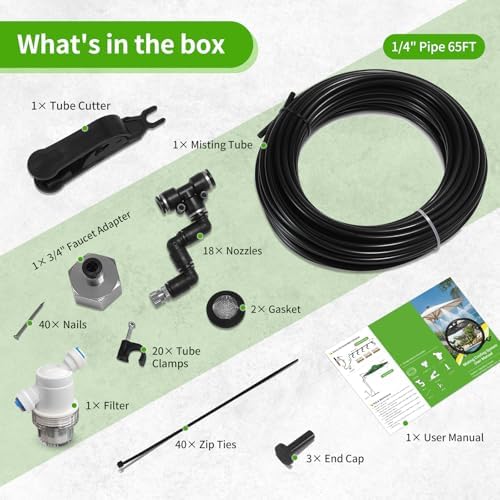 Misters for Outside Patio, 65FT (20M) Misting Line + 18 Adjustable 360° Nozzles + 3/4” Threaded Adapter, Misting Cooling System for Patio, Garden, Greenhouse, and Trampoline - Image 2