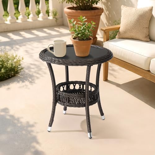 VINGLI Outdoor Wicker Side Table, Patio Side Tables for Outside Tempered Glass Top Wicker Table with Storage End Table for Balcony Porch Deck (Dark Brown) - Image 7