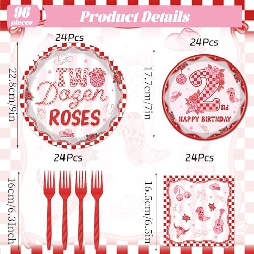 Two Dozen Roses 2nd Birthday Theme Decorations, 96PCS 2nd Birthday Disposable Paper Plates and Napkins Party Decorations for Girl, Pink Floral Western Theme Forks Tableware Set Serves 24 - Image 2