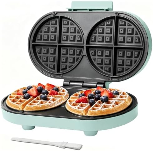 Baker’s Friend Double Belgian Waffle Maker Thick, 2 X 6” Round Waffle Maker, Belgium Waffle Iron, Waflera Electrica with Non-stick Plates, 1200W, Perfect for Kids & Family Breakfast, Aqua by Baker%27s+Friend