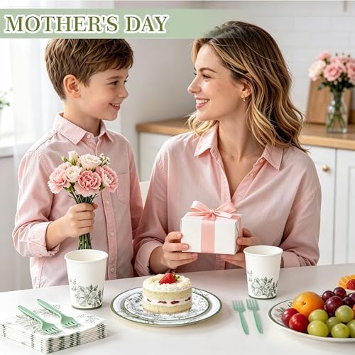 144 Pcs Sage Green Floral Tableware Set for 24 Guests - Image 4